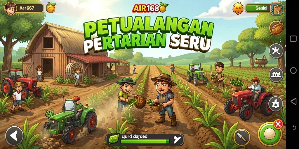 Screenshot gameplay AIR168 menunjukkan suasana bertani yang ceria dan dinamis.