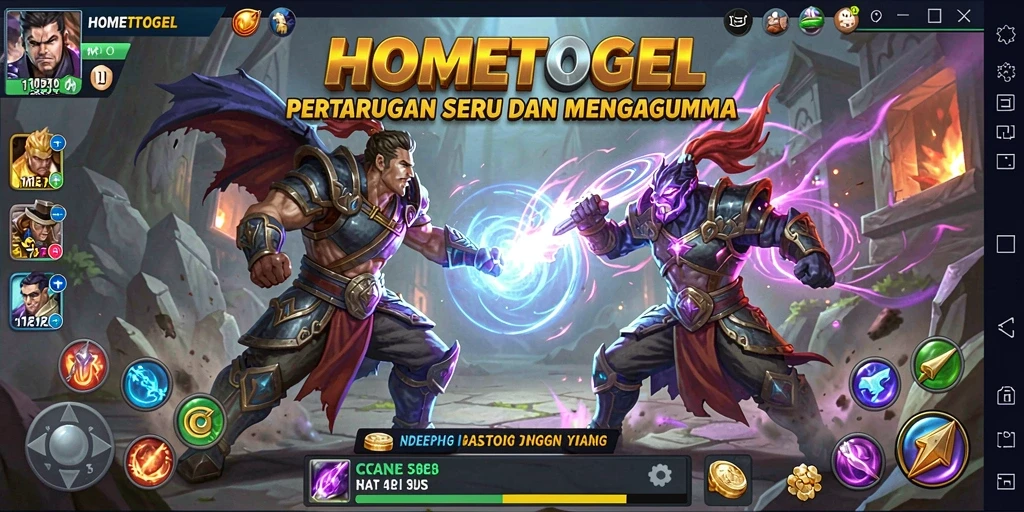 Tangkapan layar pertarungan epik dalam HOMETOGEL dengan karakter-karakter menakjubkan.