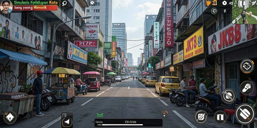 Gameplay JKT8 menampilkan pembangunan kota yang dinamis dan interaktif.