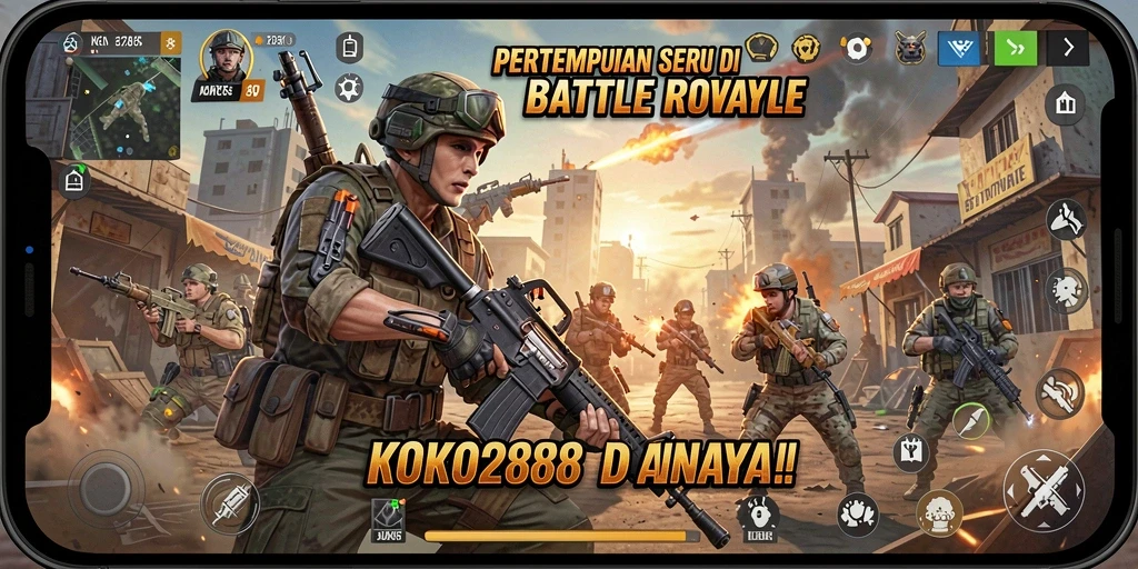 Screenshot gameplay KOKO288 memperlihatkan aksi pertempuran Battle Royale.