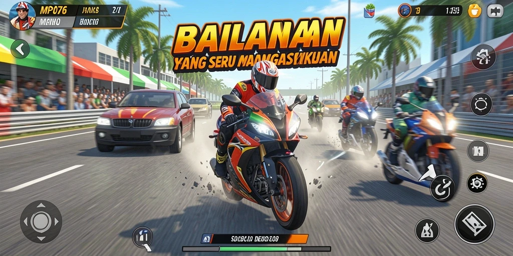 Tampilan balapan seru dengan motor kecepatan tinggi.