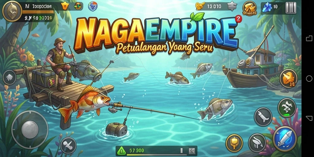 Tampilan gameplay NAGAEMPIRE saat menangkap ikan besar.