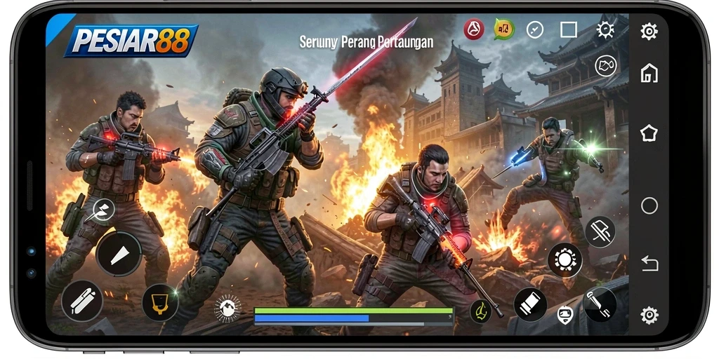 Tangkapan layar menunjukkan aksi intens dalam PESIAR88 saat bermain FPS.