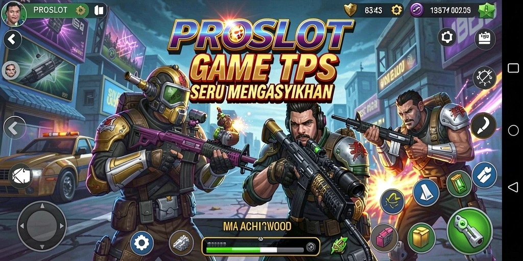 Screenshot utama PROSLOT yang menunjukkan aksi tembak-menembak yang seru.