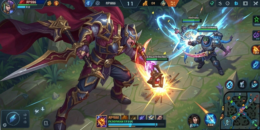 Tangkapan layar gameplay RP886 dengan pertarungan seru dalam arena MOBA.