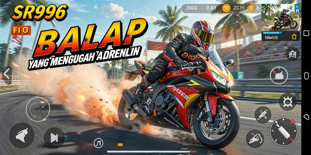 Screenshot gameplay SR996 menampilkan aksi balap motor yang seru.