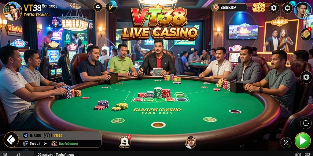 Tangkapan layar VT38 menampilkan dealer langsung dan pemain yang sedang berinteraksi dalam suasana permainan Live Casino.