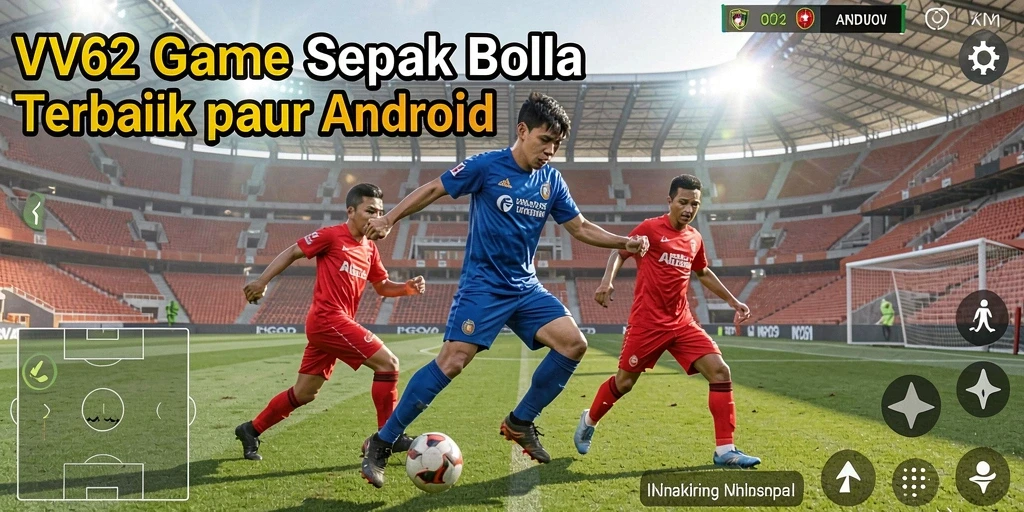 Screenshot gameplay VV62 menunjukkan aksi menegangkan di lapangan sepak bola.
